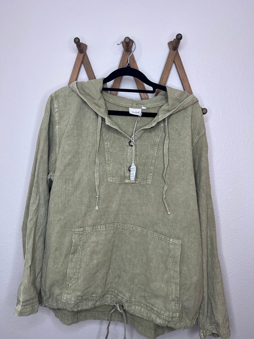 Focus 2000 Sage Olive Green Linen Blend Half Zip Drawstring Hoodie M